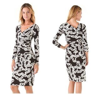 Diane Von Furstenberg Bentley Chain Link Silk Faux Wrap Knee Length Dress Black